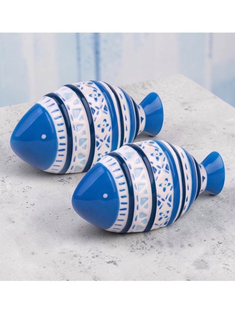 Global Tides Tropical Fish Salt Pepper Shaker Set Ceramic Coastal Blue White